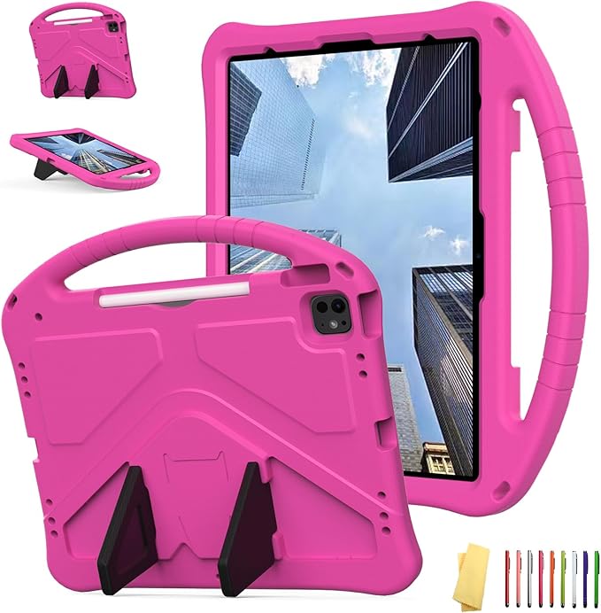 Kids Case for iPad Air 13 inch M4/M3/M2 & iPad Pro 13 inch M5/M4 (2025/2024) & iPad Pro 12.9 inch Cover 6th/5th/4th/3rd Generation (2022/2021/2020/2018) with Stand/Handle/Pencil Holder, Rose