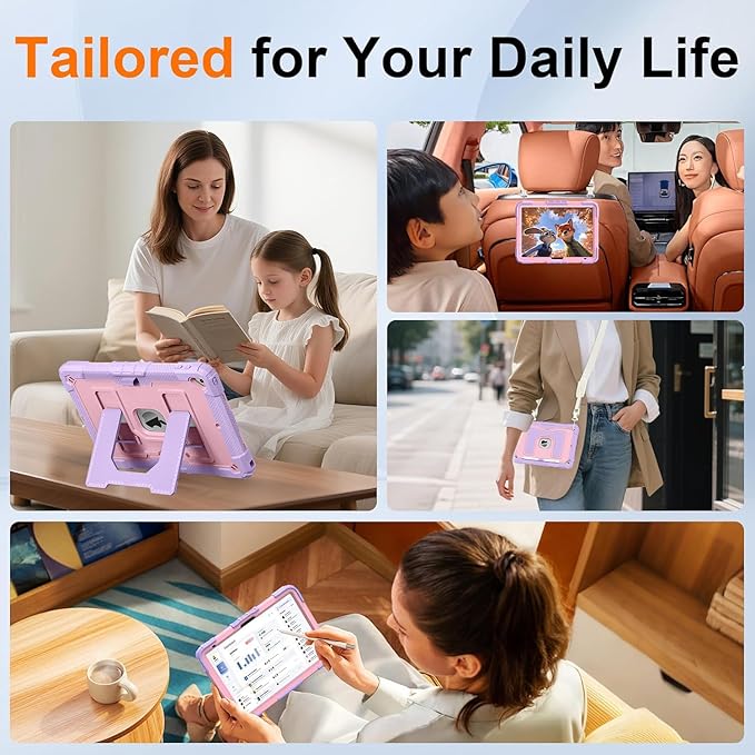 DreamerX for iPad 9th/8th/7th Generation Case (10.2 inch, 2021/2020/2019), Heavy Duty Military Grade Shockproof Protective Cover Stand Pencil Holder Shoulder Strap for iPad 9/8/7 Gen, Purple Rose Gold