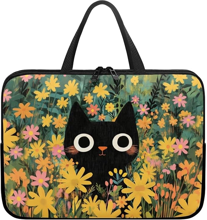 17 Inch Black Cat Flowers Laptop Sleeve Case, Sturdy Computer Bag Tablet Carrying Case with Handle, Tote Bags for Work/School/Travel, Large Capacity Notebook Messenger Briefcase