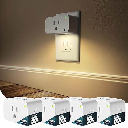 Linkind Matter Smart Plug 4 Pack, Night Lights Plug into Wall, Work with Alexa, Apple Home, Google, Timer Outlet 15A/1800W, ETL Certified, 2.4G WiFi, Dusk to Dawn 2700K, for Hallway, Bathroom, Kids