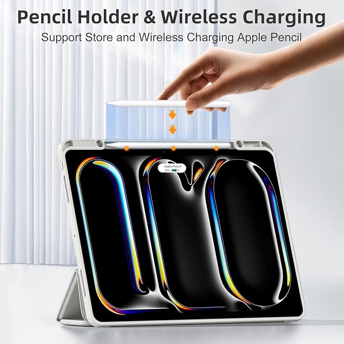 Compatible with iPad Pro 13 Inch Case M5 2025/ M4 2024, Soft TPU Back Cover for iPad 13 Pro Case, with Pencil Pro & (USB-C) Holder, Trifold Stand, Auto Wake/Sleep, Light Gray