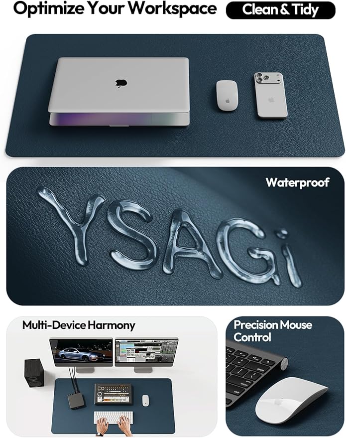 YSAGi Leather Desk Protector, Office Mat, Large Mouse Mat, Non-Slip PU Leather Blotter, Laptop Pad, Waterproof Writing Pad for Office and Home (Dark Blue, 47.2" x 23.6")