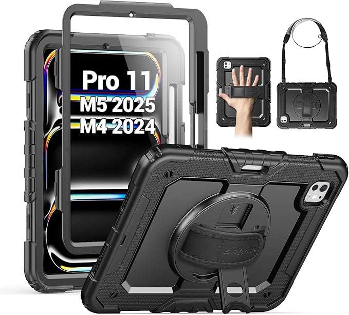 SEYMAC for iPad Pro 11 Inch Case M5 2025 / M4 2024, Heavy Duty Shockproof Protective Case with Screen Protector, 360° Rotating Stand, Hand/Shoulder Strap and Pen Holder, Black