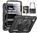 SEYMAC for iPad Pro 11 Inch Case M5 2025 / M4 2024, Heavy Duty Shockproof Protective Case with Screen Protector, 360° Rotating Stand, Hand/Shoulder Strap and Pen Holder, Black
