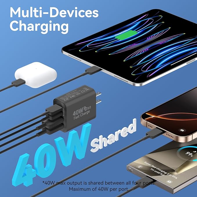USB C Charger Block, 2-Pack 40W 4-Port Multiple Type C Fast Charging Phone Charger Brick +QC 3.0 USB A Wall Plug Out let Multiport Box Cube for Phone 15/14/13/12/11 Pro Max, Galaxy, Pixel, Black+White