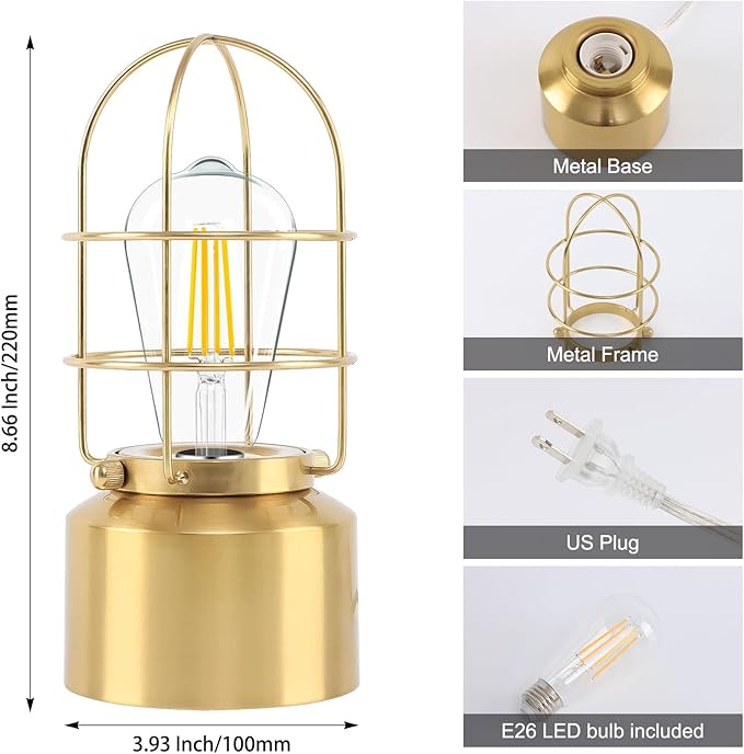 Haian Support Small Touch Gold Table Lamp for Small Spaces - 3 Way Dimmable Industrial Bedside Lamp - Steampunk Antique Nightstand Desk for Bedroom, Living Room (Bulb Included)