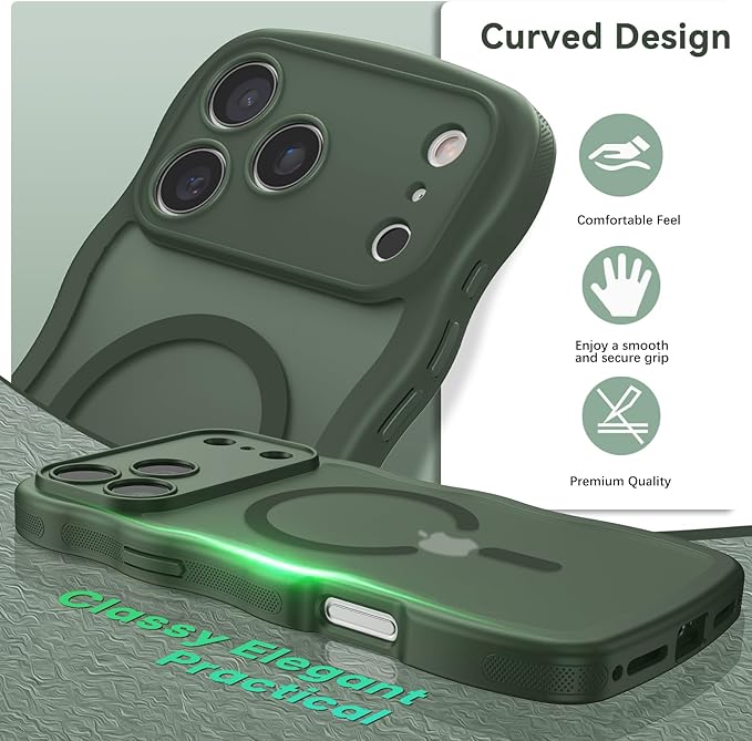 BENTOBEN Magnetic for iPhone 17 Pro Max Case, Cute Wavy [Full Camera Protection][Compatible with MagSafe] Matte Anti-Slip Bumper Women Girls Boys Protective Cover for 17 ProMax 6.9", Deep Green
