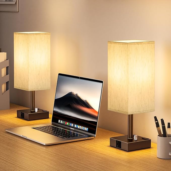 aooshine Brown Fully Dimmable Nightstand Lamps Set of 2 - Table Bedside Lamp with USB C+A Charging Ports & 2 AC Outlets, Square Lamp Sets Linen Fabric Shade for Bedroom (Bulb Included)