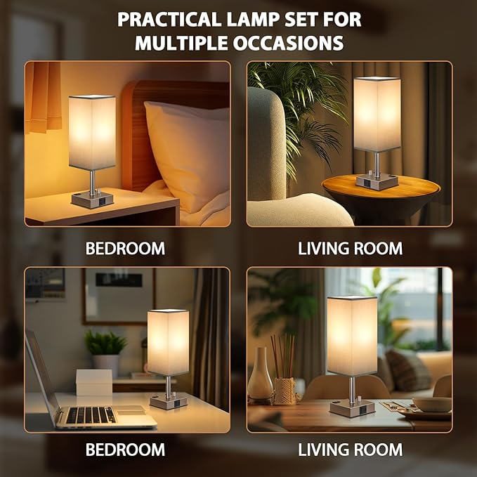 aooshine Grey Fully Dimmable Nightstand Lamps Set of 2 - Table Bedside Lamp with USB C+A Charging Ports & 2 AC Outlets, Square Lamp Sets Linen Fabric Shade for Bedroom Living Room(Bulb Included)