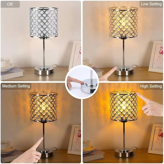 Crystal Table Bedside Lamp Touch Control, Dimmable Small Nightstand Lamp Set of 2 with USB-C+A Charging Ports, Decorative Silver Tabletop Lamp for Bedroom Living Room Guest Room, Bulbs Included