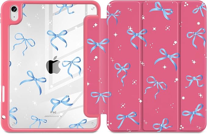 Case for iPad Air 11 inch M4 2026 M3 2025 M2 2024,iPad Air 5th (2022) / 4th (2020) 10.9 Inch Clear Back Shell Lightweight Shockproof TPU Trifold Stand Auto Wake Sleep Cute Cover, Ribbons