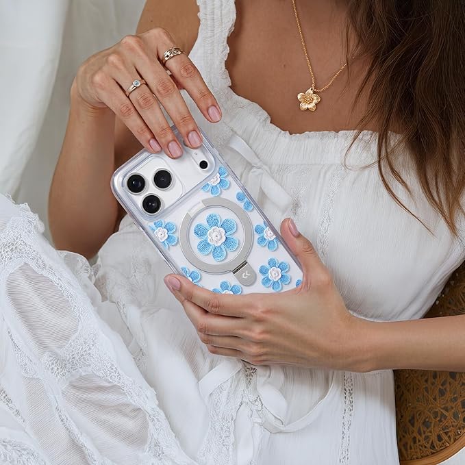 CASEKOO Floral Series Blue Flowers for iPhone 17 Pro Case with Magnetic Ring Stand [Compatible with MagSafe] [Military-Grade Protection] Fashion Clear Back, Soft Edge, for Women