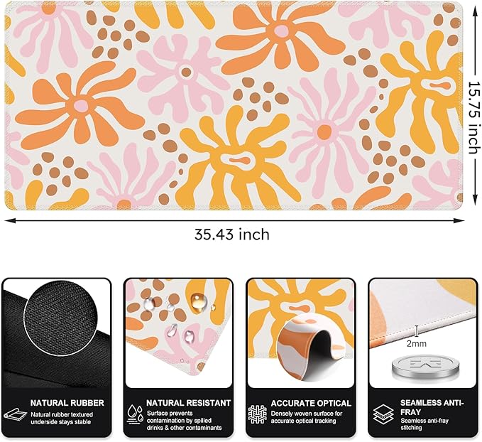 iCasso Desk Matt for Desktop, Cute Desk Pad Mat, XXL Large Mouse Pad, Anti-Slip Big Mousepad with Stitched Edges, Keyboard Pad Mouse Mat for Computer, Work, Gaming (Yellow Flower)