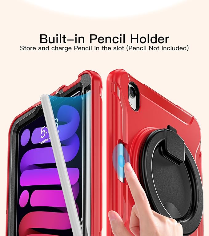 BATYUE Shockproof Case for iPad mini 7 (A17 Pro)/ Mini 6 8.3 inch (2024/2021) - 360° Multi-Angle Stand (Portrait & Landscape) & Grip, Built-in Pencil Holder, Red