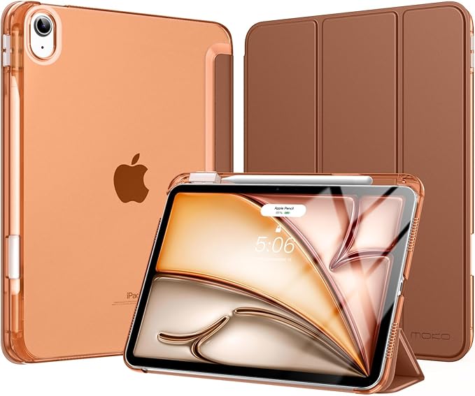 MoKo for iPad Air 11 inch Case (M4/M3/M2) 2026/2025/2024, iPad Air 5th/4th Gen 10.9 inch Case 2022/2020 with Pencil Holder, Slim Light Trifold Cover with Hard PC Translucent Back Shell, Brown