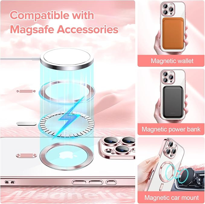 Hython Magnetic Clear for iPhone 16 Pro Case with Camera Lens Protector [Compatible with MagSafe] Luxury Plating Edge Slim Soft TPU Cover Protective Phone Case for iPhone 16 Pro 6.3", Pink