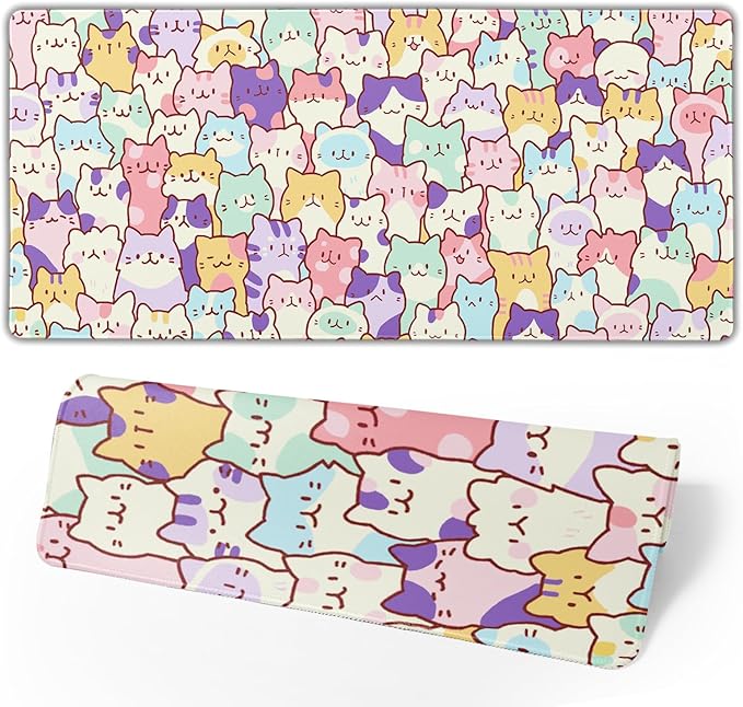 Kawaii Large Mouse Pad 31.5x11.8 Inches XL Extended Gaming Mousepad Funny Cute Cat Desk Mat, Long Computer Keyboard Mouse Mat Non-Slip Base Desk Pad Stitched Edges for Home Game Office Work
