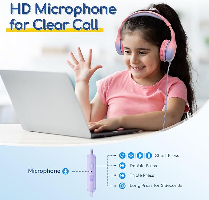 EarFun Kids Headphones Wired with Microphone, USB Type C Headphones for Kids, 85/94dB Volume Limit, Portable Wired Headphone with Shareport, Stereo Sound Foldable Headset for School/Tablet/PC, Pink