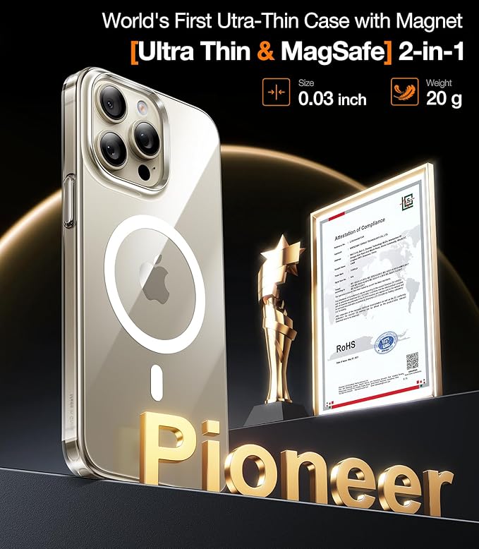 TORRAS Magnetic Slim-Fit for iPhone 15 Pro Max Case Clear 6.7", [True Never Yellow]Ultra-Thin 15 ProMax Phone Case Compatible with MagSafe, Light Anti-Scratch Matte Hard Cover OriginFit, Diamond Clear
