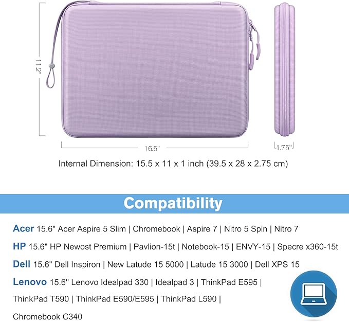FINPAC 15.6-inch Hard Laptop Sleeve Case Compatible with 15.6 Inch Acer Aspire, Shockproof Computer Carrying Case for HP Dell Razer Samsung Laptop Chromebook, Lilac