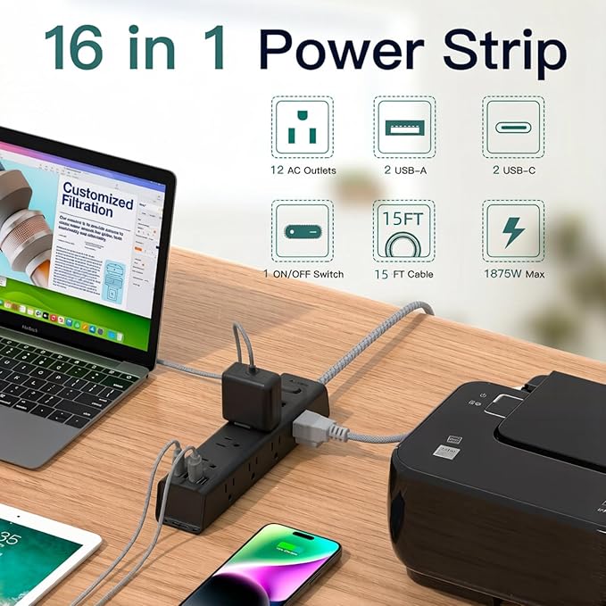 Addtam Black Power Strip Surge Protector with 12 AC Outlets & 4 USB Ports, 15FT Extension Cord, Flat Plug, Wall Mount, 1050J, Outlet Extender for Home Office Gaming Desk Setup, ETL Listed
