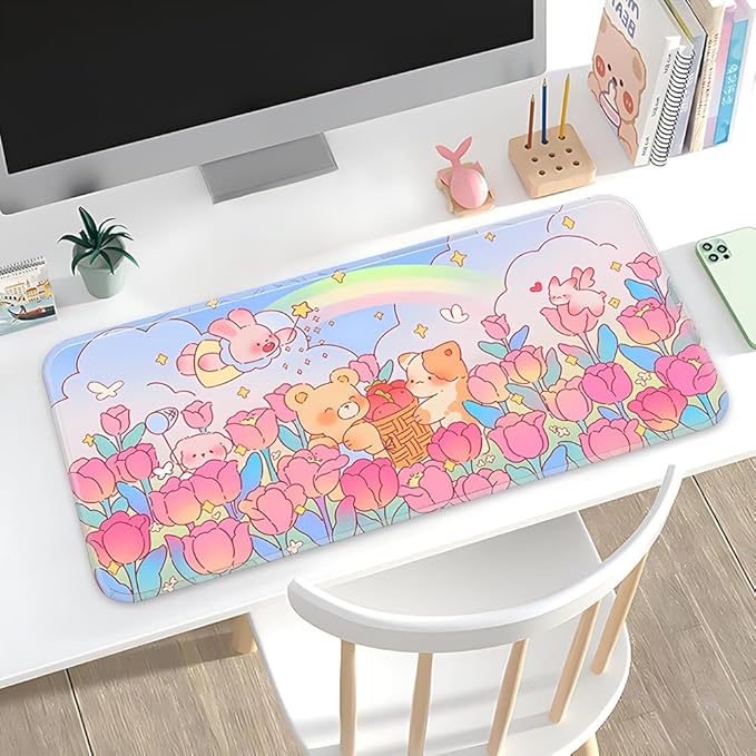 PERFECTSIGHT Cute Desk Mat Kawaii Rainbow Bunny Bear Kitty Desk Pad, Large Gaming Mouse Pad, Funny Girls Deskmat Mousepad, Anime Laptop Keyboard Pad Office Home Decor for Women Kids, Tulip