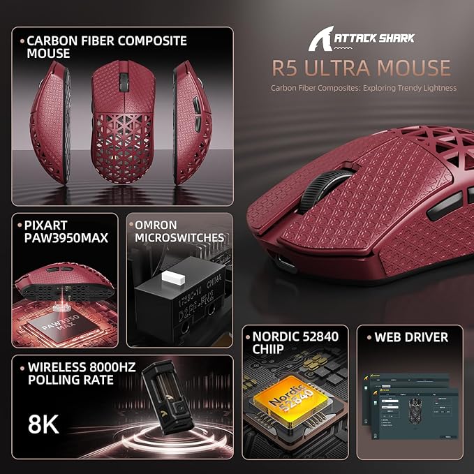R5Ultra 8K Carbon Fiber Wireless Gaming Mouse with 42000 DPI -PAW3950 MAX Sensor -39g Ultra-Lightweight-Nordic 52840 MCU Chip-Wired/BT/2.4GHz Wirelss Programmable Mouse Tape for PC/Mac (Red)