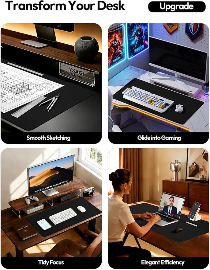 YSAGi Leather Desk Pad Protector, Office Desk Mat, Large Mouse Pad, Non-Slip PU Leather Desk Blotter, Laptop Desk Pad, Waterproof Desk Writing Pad for Office and Home (Black, 55" x 24")