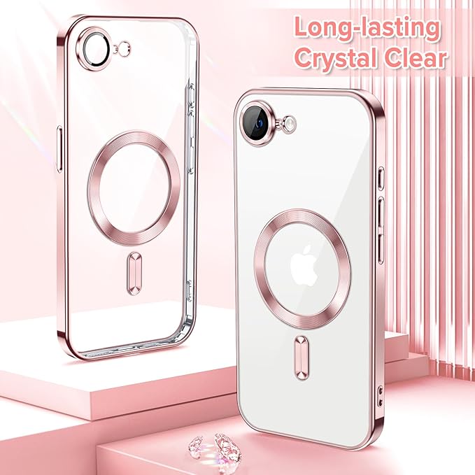 Hython Magnetic Clear for iPhone 17e Case with Camera Lens Protector [Compatible with MagSafe] Luxury Plating Edge Slim Soft TPU Cover Protective Phone Case for iPhone 17e 6.1", Pink