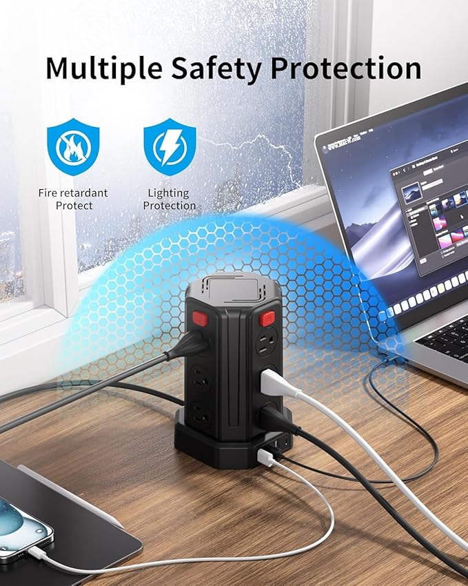Power Strip Surge Protector Tower,Extension Cord with 12 AC Multiple Outlets 4 USB (1 USB C), SMALLRT Power Strip Tower Desktop Charging Station (Black, 6.5 FT-2PC)