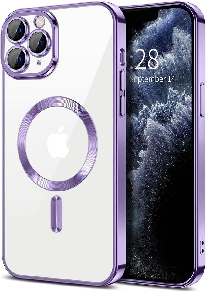 Hython Magnetic Clear for iPhone 11 Pro Max Case with Camera Lens Protector [Compatible with MagSafe] Plating Edge Slim Soft TPU Cover Protective Phone Case for iPhone 11 Pro Max 6.5", Light Purple