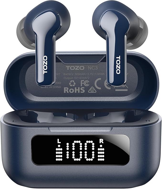 TOZO Hybrid Active Noise Cancelling Wireless Earbuds with 6 Mics AI Clear Call Ear Buds 68H Playtime with LED Display 32 Preset EQs via APP Bluetooth 5.3 IPX8 Waterproof in Ear Headphones