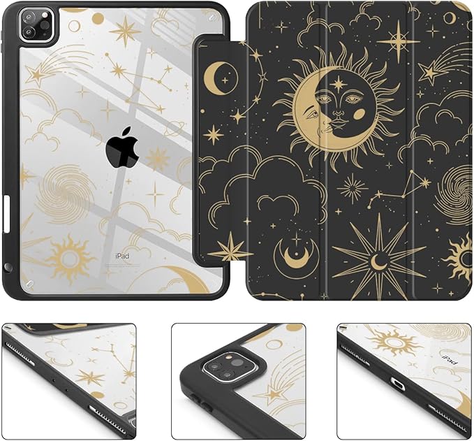 Tuiklol for iPad Pro 12.9 Inch 6th/5th/4th/3rd Generation 2022 2021 2020 2018 Case,Built-in Pencil Holder Clear Transparent Protective Back Shell Cover with Auto Sleep/Wake, Moon and Star