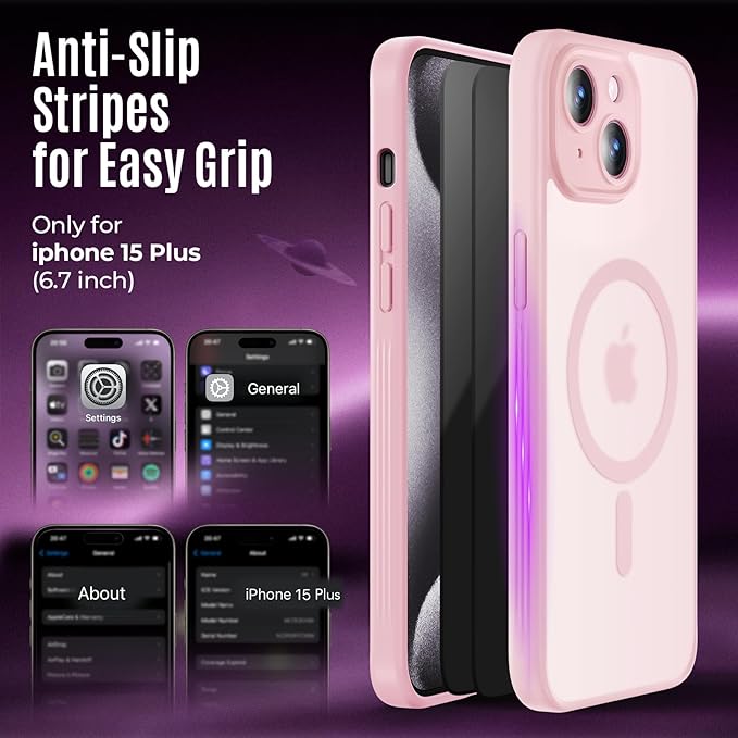 Symcele Designed for iPhone 15 Plus Case, Compatible with MagSafe, with Privacy Screen Protectors X2, [Camera Protection] [15FT Military Drop Protection] Shockproof Phone Case, 6.7", Pink
