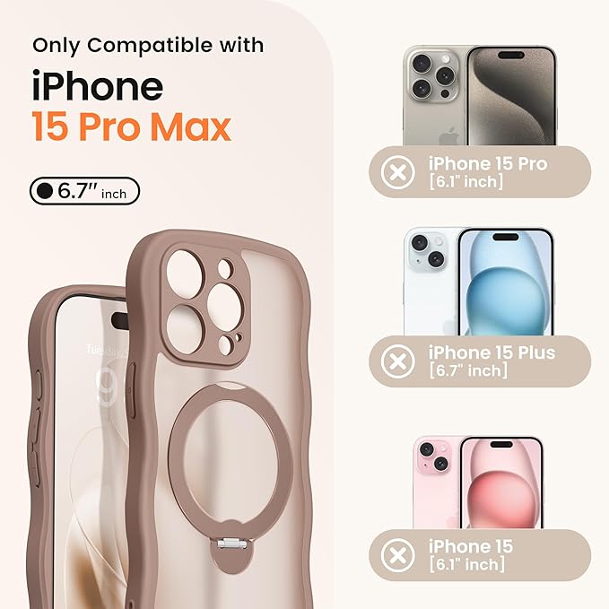 CAPRARO for iPhone 15 Pro Max Case with 360° Spin Magnetic Stand for Women, [Compatible with MagSafe] [Full Camera Protection] Cute Wave Translucent Matte Case for iPhone 15 Pro Max, Brown