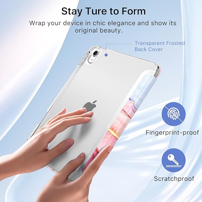 MoKo for iPad Air 11 inch Case (M4/M3/M2) 2026/2025/2024, iPad Air 5th/4th Gen 10.9 inch Case 2022/2020 with Pencil Holder, Slim Light Trifold Cover with Hard PC Translucent Back Shell, Pink Marble
