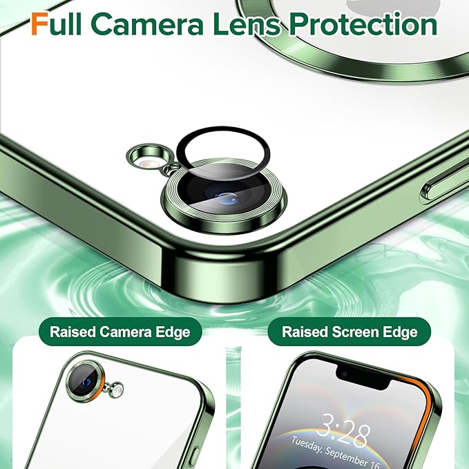 Hython Magnetic Clear for iPhone 16e Case with Camera Lens Protector [Compatible with MagSafe] Luxury Plating Edge Slim Soft TPU Cover Protective Phone Case for iPhone 16e 6.1", Deep Green