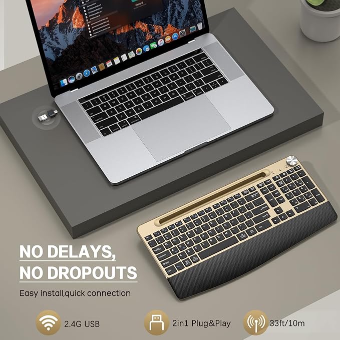GAMCATZ Ergonomic Wireless Keyboard with Wrist Rest-Low-Profile,Phone/Tablet Holder,Quiet Design，Windows & Mac OS，Full Size Cordless USB Computer Keyboard for Desktop,Laptop, PC, Mac, Windows-Black