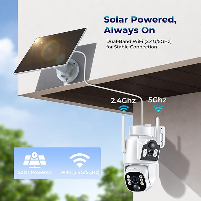 Solar Security Cameras Wireless Outdoor, Dual-Lens Security Camera System, Multi-Angle Monitoring, 360°PTZ, 2K Color Night Vision,2-Way Audio, 0 Monthly Fee, 2.4 & 5GHz WiFi