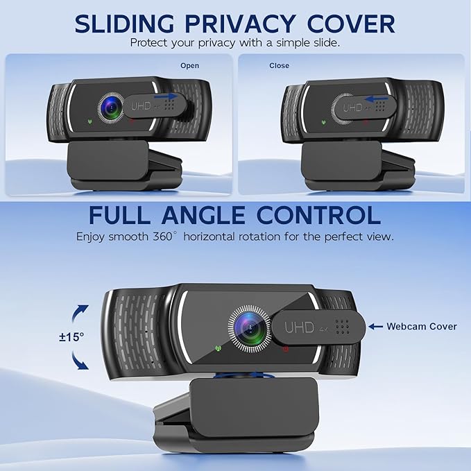 4K Webcam for PC & Mac, Tiny USB Streaming Camera with PDAF Autofocus, Dual Omnidirectional Noise-Canceling Microphones, Auto Low-Light Correction, Works with Zoom, Teams, Google Meet & Twitch