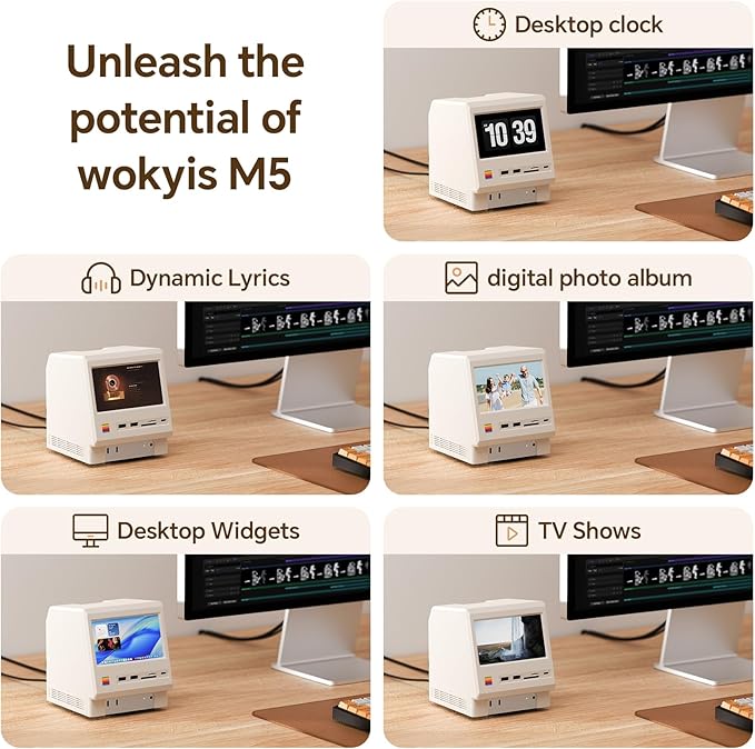 M5 Retro Dock Station for Mac mini M4, 5’inch HD Display, 10Gbps M.2 NVMe SSD Enclosure, SD/Micro SD Reader 4.0, 4*USB-A 1*USB-C 10Gbps, 3.5mm Earphone Jack,