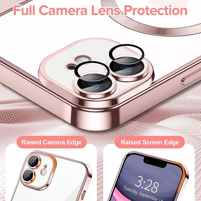 Hython Magnetic Clear for iPhone 11 Case with Camera Lens Protector [Compatible with MagSafe] Luxury Plating Edge Slim Soft TPU Cover Protective Phone Case for iPhone 11 6.1", Pink