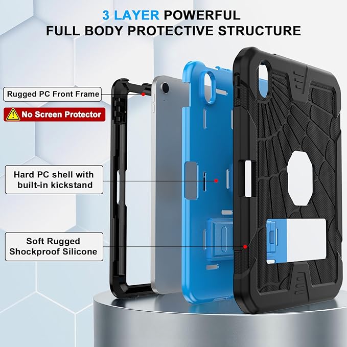 Sibeitu Case for iPad 11th (A16) 2025/ 10th Generation 10.9 Inch 2022, Rugged Shockproof iPad 10 Case with Pencil Holder & Built-in Stand, Hard 11th Gen iPad 11 inch Cover for Kids Boys, Black+Blue