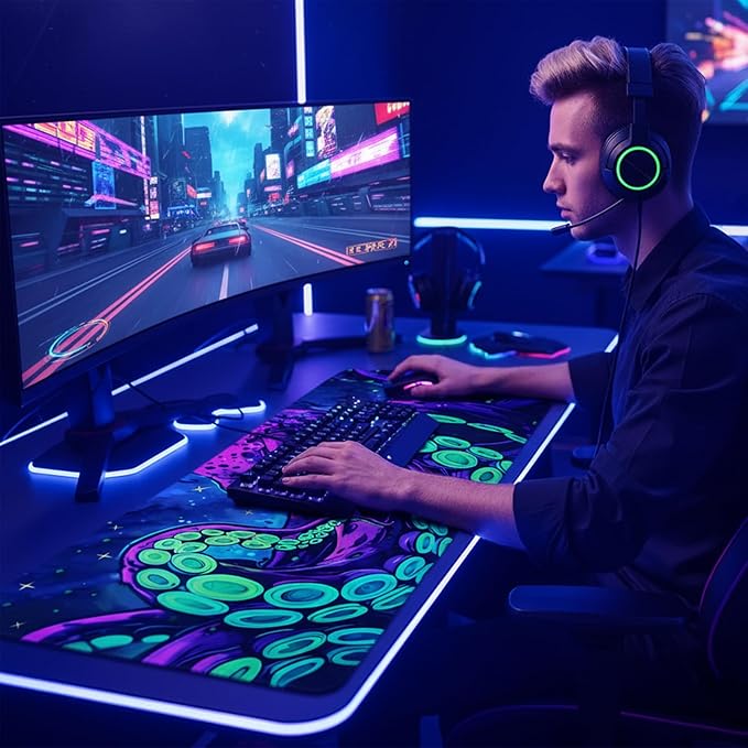 Simpkeely Blacklight Octopus Gaming Mouse Pad – UV Reactive Kraken Tentacles Desk Mat, Neon Glow in The Dark Waterproof Extended Mousepad with Non-Slip Rubber Base for Office & Home – 31.5" x 11.8"