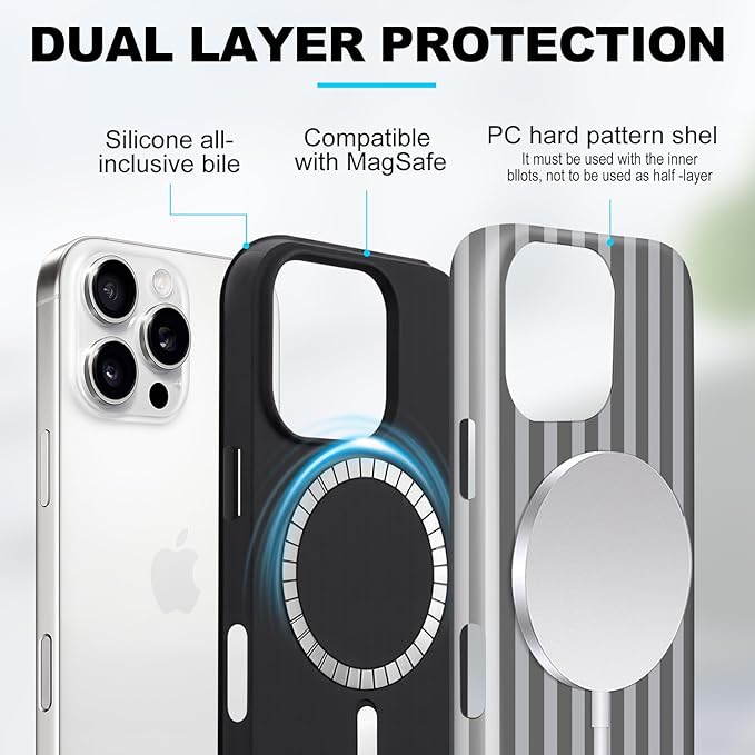 Magnetic for iPhone 15 Case Cute Stripes Phone Case, Shockproof Slim TPU and Hard PC Protective Phone Cover Compatible with MagSafe Designed for Women Girls, Gray