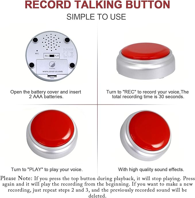 Sound Button- 30 Seconds Custom Recordable Talking Button-Record & Playback Your Own Message-Quality Voice Sound Recorder-Answer Buzzer (RED+Sliver)