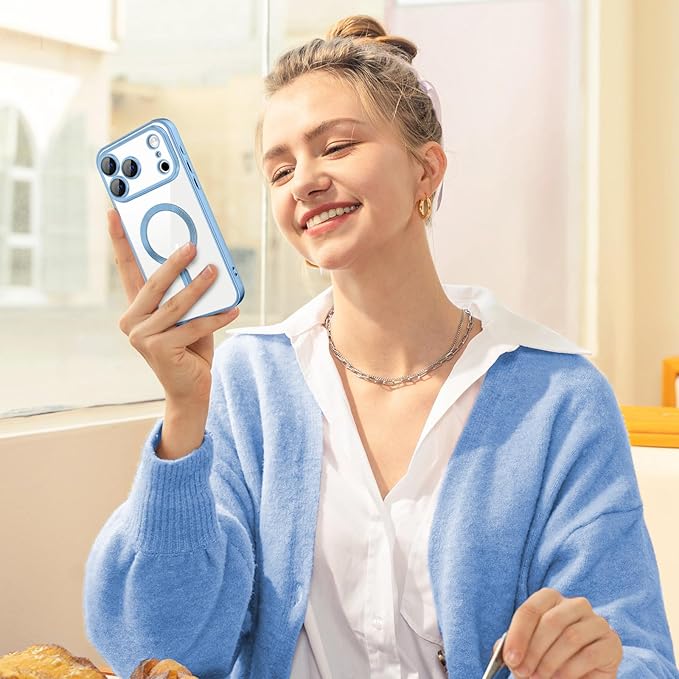 Hython Magnetic Clear for iPhone 17 Pro Case with Camera Lens Protector [Compatible with MagSafe] Luxury Plating Edge Slim Soft TPU Cover Protective Phone Case for iPhone 17 Pro, Matte Light Blue