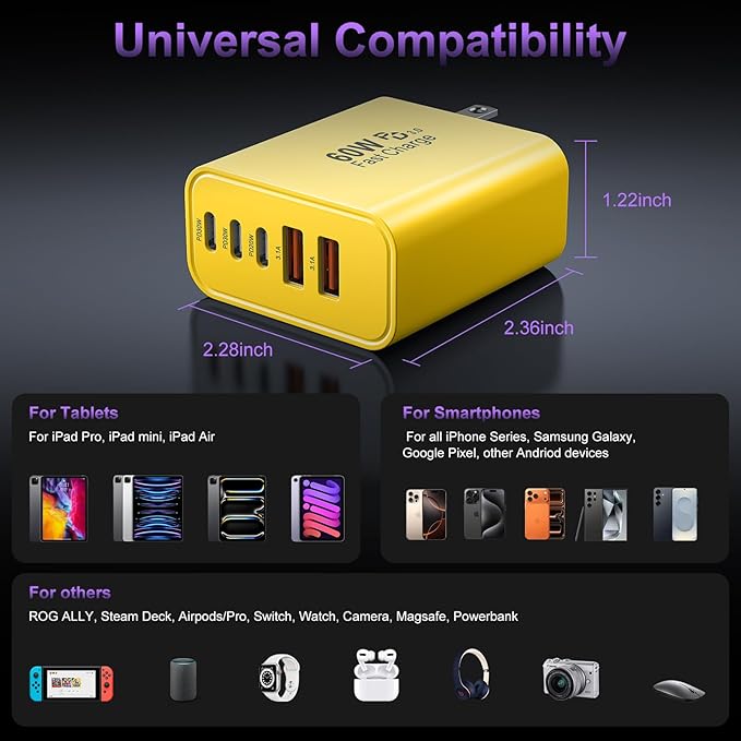 USB C Fast Wall Charger Block, 2Pack 60W USBC Charging Cubes, 5-Port PD+QC Power Adapter Multiport Brick Type C Box Plug for Phone 16/15/14/13/12/11/Pro Max/Plus, Pad Mini/Pro/S25/S24-Yellow