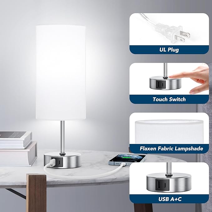 ROTTOGOON 12.8" Touch Control Table Lamp, 3-Way Dimmable Small Bedside Nightstand Lamp with 2 USB Ports, Modern Table Lamps with 6500K Daylight LED Bulb for Bedroom Living Room