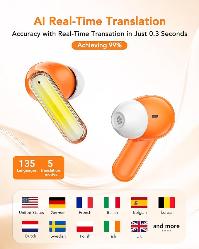MS110 Wireless Ear Buds,40h Playtime Earbuds with Ai Translation Earbuds Real Time, 6.0 Bluetooth Earbuds,IPX5 Waterproof & Active Noise Cancelling Earphones for Phones/Meeting/Travel/Learning /Sports
